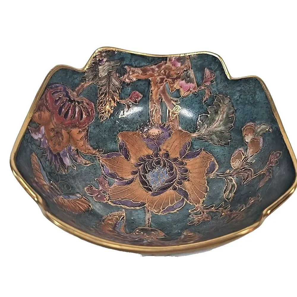 Cloisonné Multicolored Floral Bowl Vintage Chinese Gilded Teal Gold Decor 6